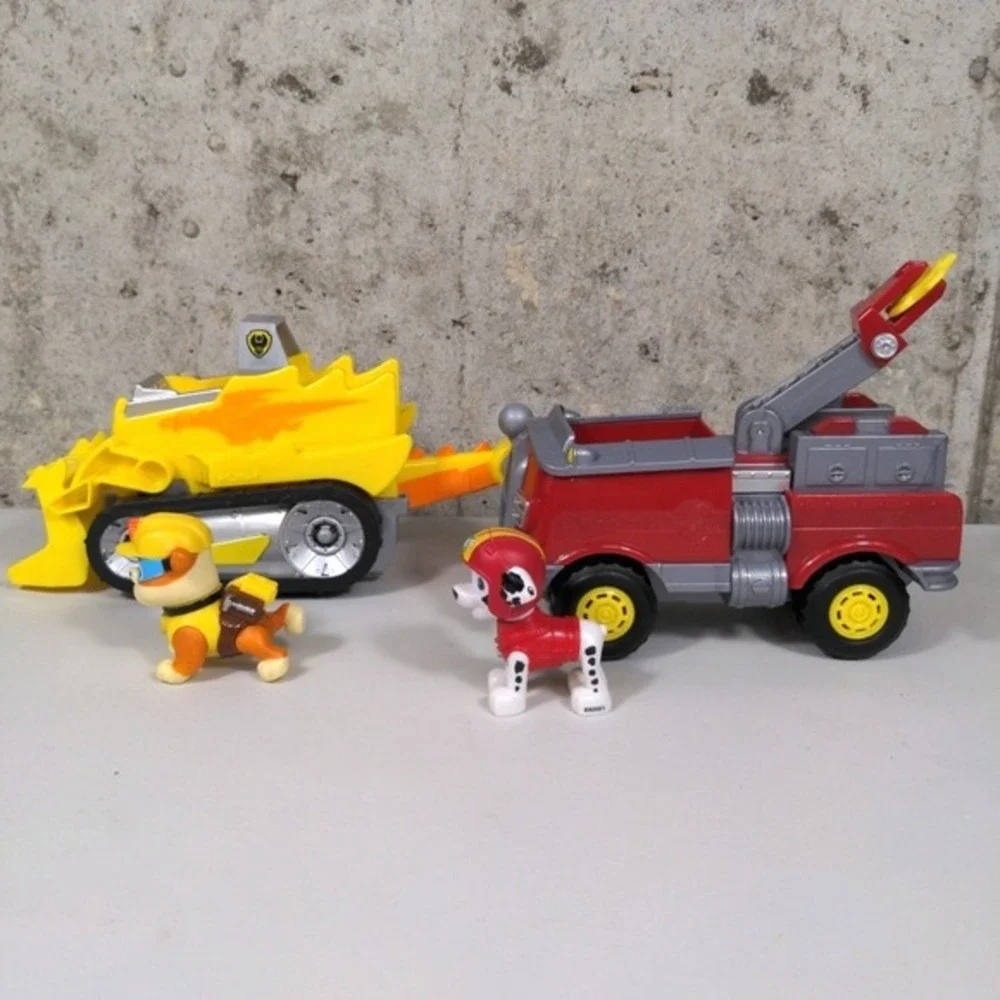 Paw Patrol Dino Rescue Marshall Fire Truck Rubble Deluxe Bulldozer Toy Lot 2 Pup